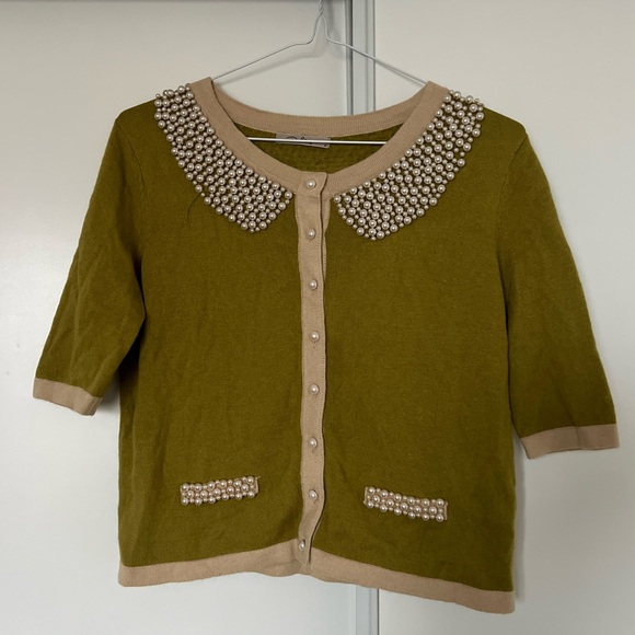 Darling Sweaters - Darling Vintage Olive Green and Beige Pearl-Trim Cardigan